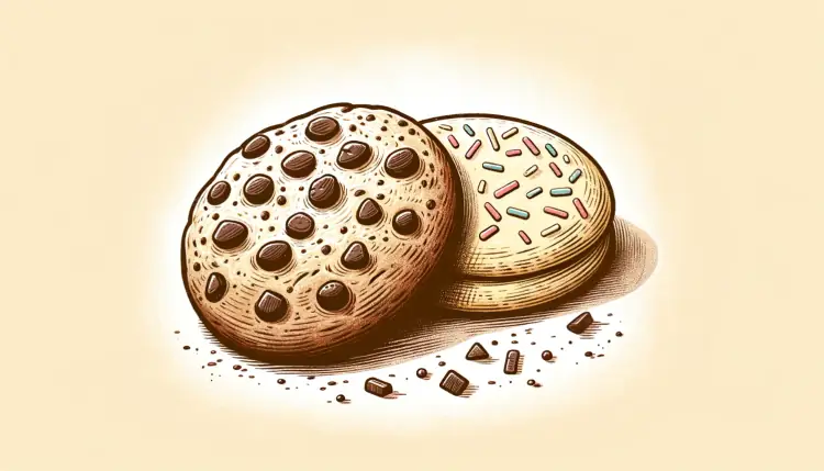 Two cookies on a light background: one is a chocolate chip cookie, and the other is a sugar cookie with colorful sprinkles. Crumbs and small pieces of chocolate are scattered around them.