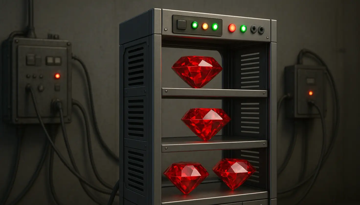 Futuristic metal shelf with glowing red rubies connected to industrial machines with cables in a dark laboratory