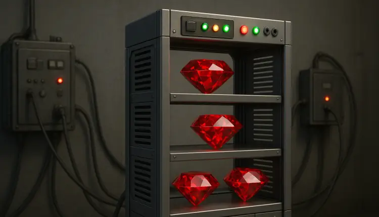 Futuristic metal shelf with glowing red rubies connected to industrial machines with cables in a dark laboratory