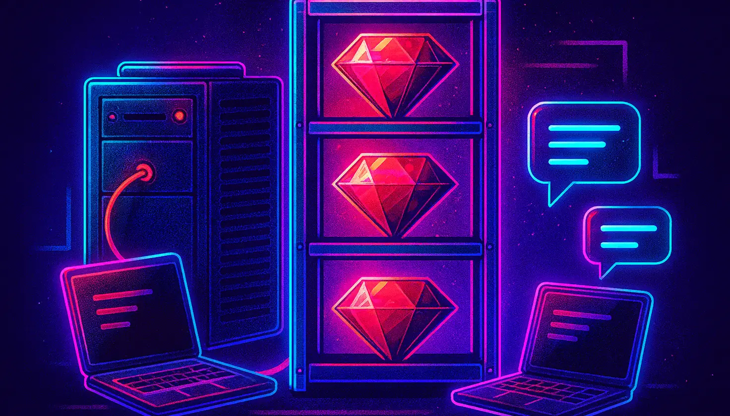 Illustration of a shelf containing glowing ruby gems connected by a red cable to a futuristic server and laptops, symbolizing persistent connections in Ruby Rack applications