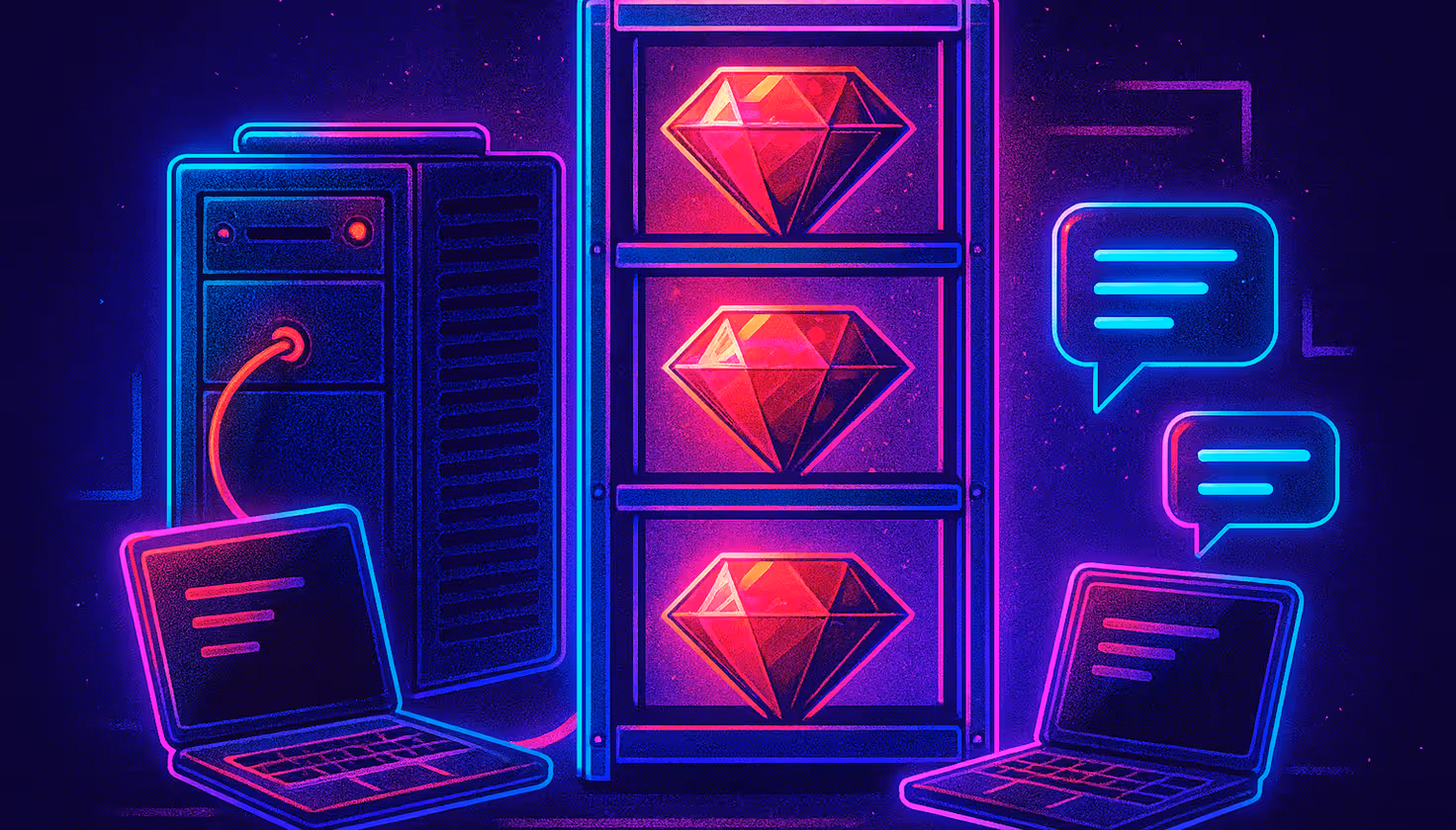 Illustration of a shelf containing glowing ruby gems connected by a red cable to a futuristic server and laptops, symbolizing persistent connections in Ruby Rack applications