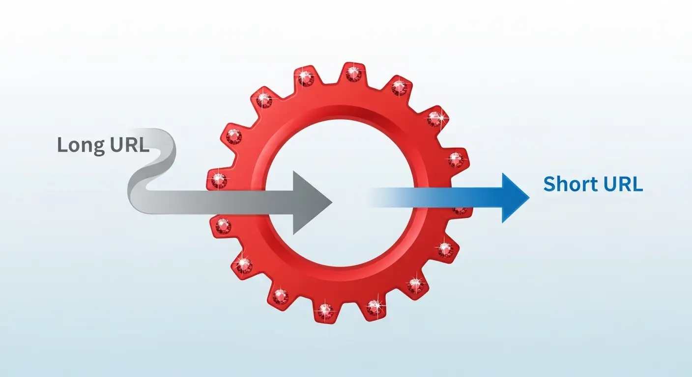 A URL shortener, where a gray arrow with a long URL passes through a large red gear with rubies and emerges as a shorter blue arrow with a short URL