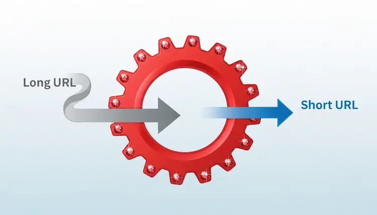 A URL shortener, where a gray arrow with a long URL passes through a large red gear with rubies and emerges as a shorter blue arrow with a short URL