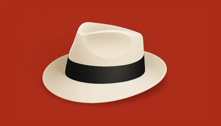 Digital illustration of a classic white fedora hat with a black band, centered on a soft, uniform reddish background.