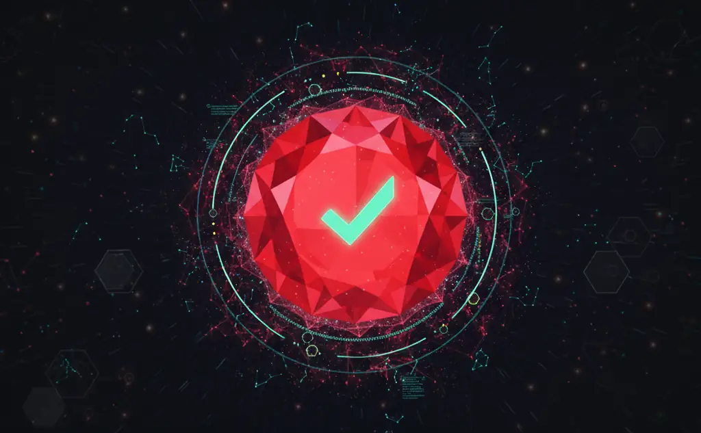 Abstract illustration of a ruby with a green check mark, symbolizing testing in Ruby.