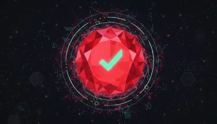 Abstract illustration of a ruby with a green check mark, symbolizing testing in Ruby.
