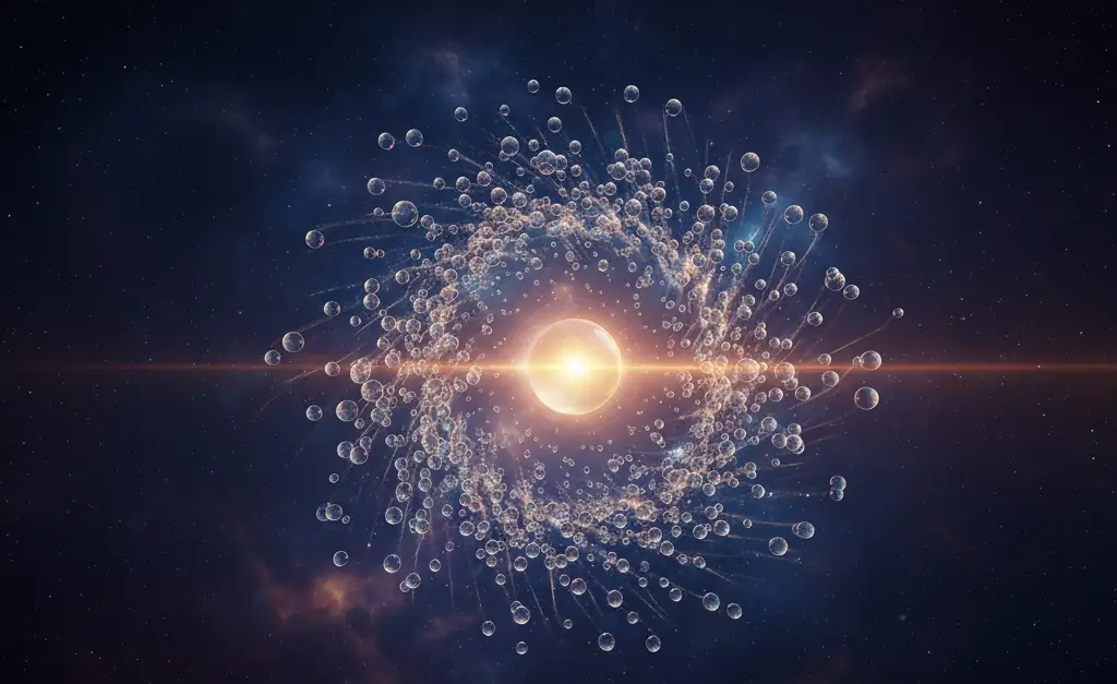 A single sphere of light generates a cascade of multiple lines of energy that branch out against a dark background.
