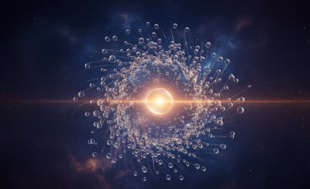 A single sphere of light generates a cascade of multiple lines of energy that branch out against a dark background.