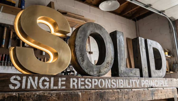Large letters spelling 'SOLID' in a workshop. The 'S' is brass with internal light, and the rest are concrete, resting on a wooden beam that reads 'SINGLE RESPONSIBILITY PRINCIPLE' in white paint.