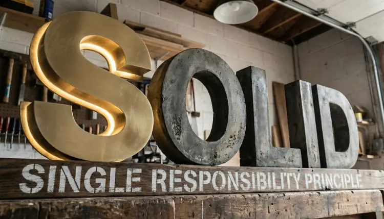 Large letters spelling 'SOLID' in a workshop. The 'S' is brass with internal light, and the rest are concrete, resting on a wooden beam that reads 'SINGLE RESPONSIBILITY PRINCIPLE' in white paint.