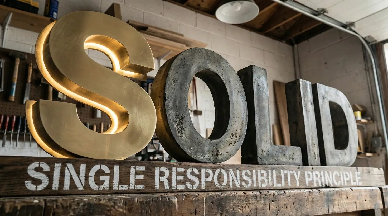 Large letters spelling 'SOLID' in a workshop. The 'S' is brass with internal light, and the rest are concrete, resting on a wooden beam that reads 'SINGLE RESPONSIBILITY PRINCIPLE' in white paint.