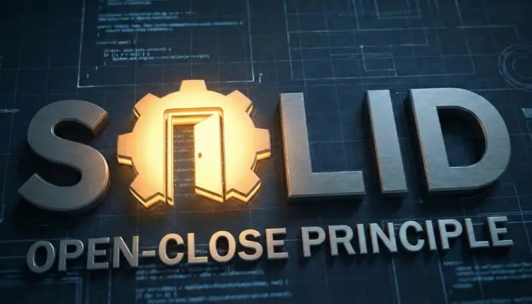 A graphic illustration of the SOLID Open-Close Principle, featuring metallic text and a golden gear icon with an open door, set against a blueprint background with code snippets.