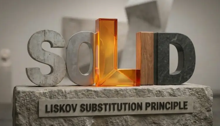 Sculptural letters spelling 'SOLID' on a stone base labeled 'LISKOV SUBSTITUTION PRINCIPLE', with the letter 'L' distinctly made of a translucent orange material.
