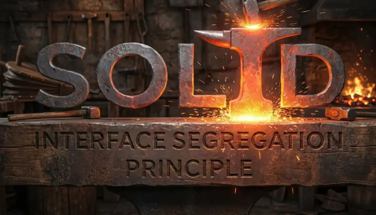 Graphic of the SOLID acronym in a blacksmith setting, with the letter 'I' highlighted in the shape of an anvil and the subtitle 'Interface Segregation Principle'