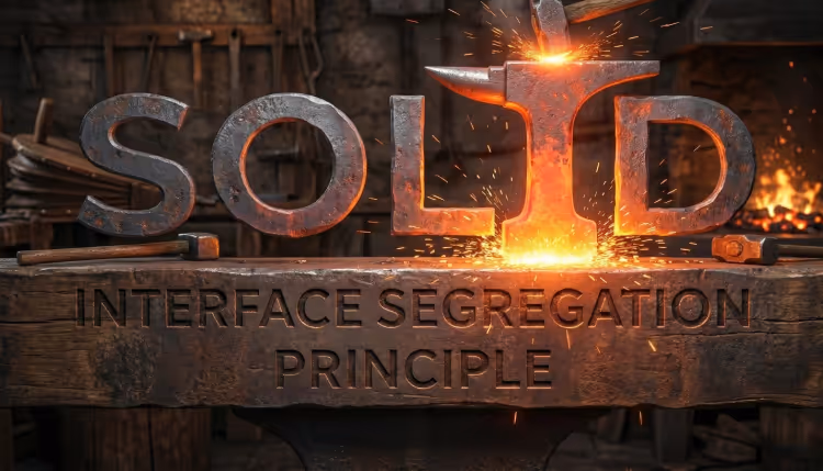 Graphic of the SOLID acronym in a blacksmith setting, with the letter 'I' highlighted in the shape of an anvil and the subtitle 'Interface Segregation Principle'
