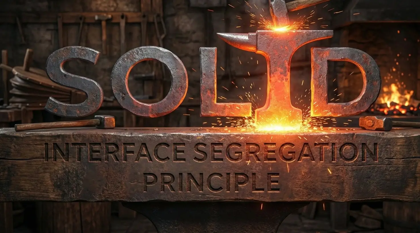 Graphic of the SOLID acronym in a blacksmith setting, with the letter 'I' highlighted in the shape of an anvil and the subtitle 'Interface Segregation Principle'