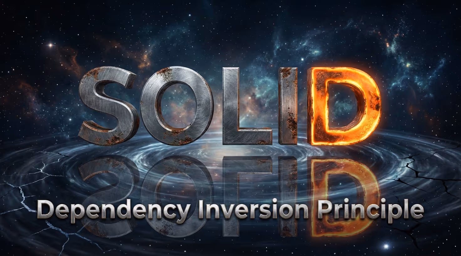 'SOLID' text in metal and fire, and 'Dependency Inversion Principle' over a space background.