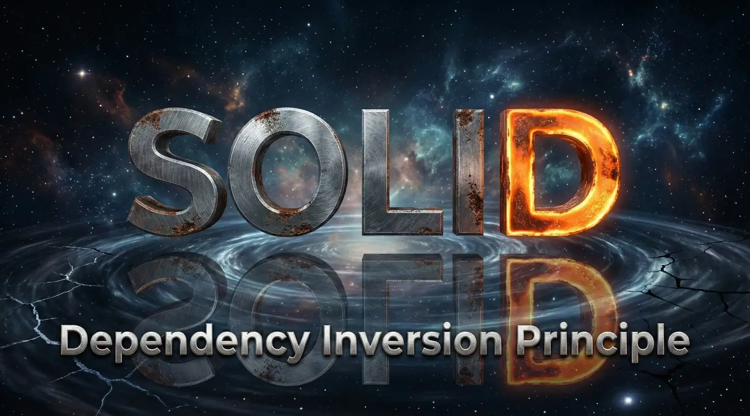 'SOLID' text in metal and fire, and 'Dependency Inversion Principle' over a space background.