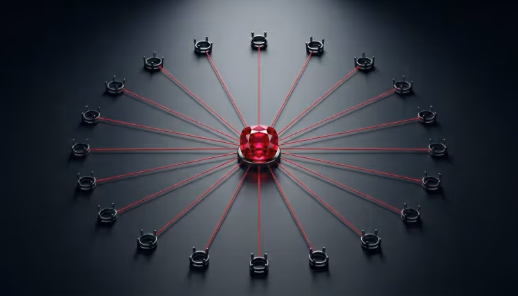 Single ruby gemstone connected by threads to multiple empty sockets.