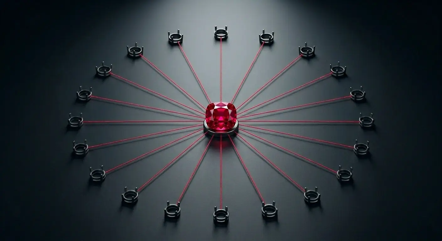 Single ruby gemstone connected by threads to multiple empty sockets.