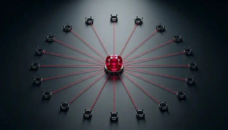 Single ruby gemstone connected by threads to multiple empty sockets.