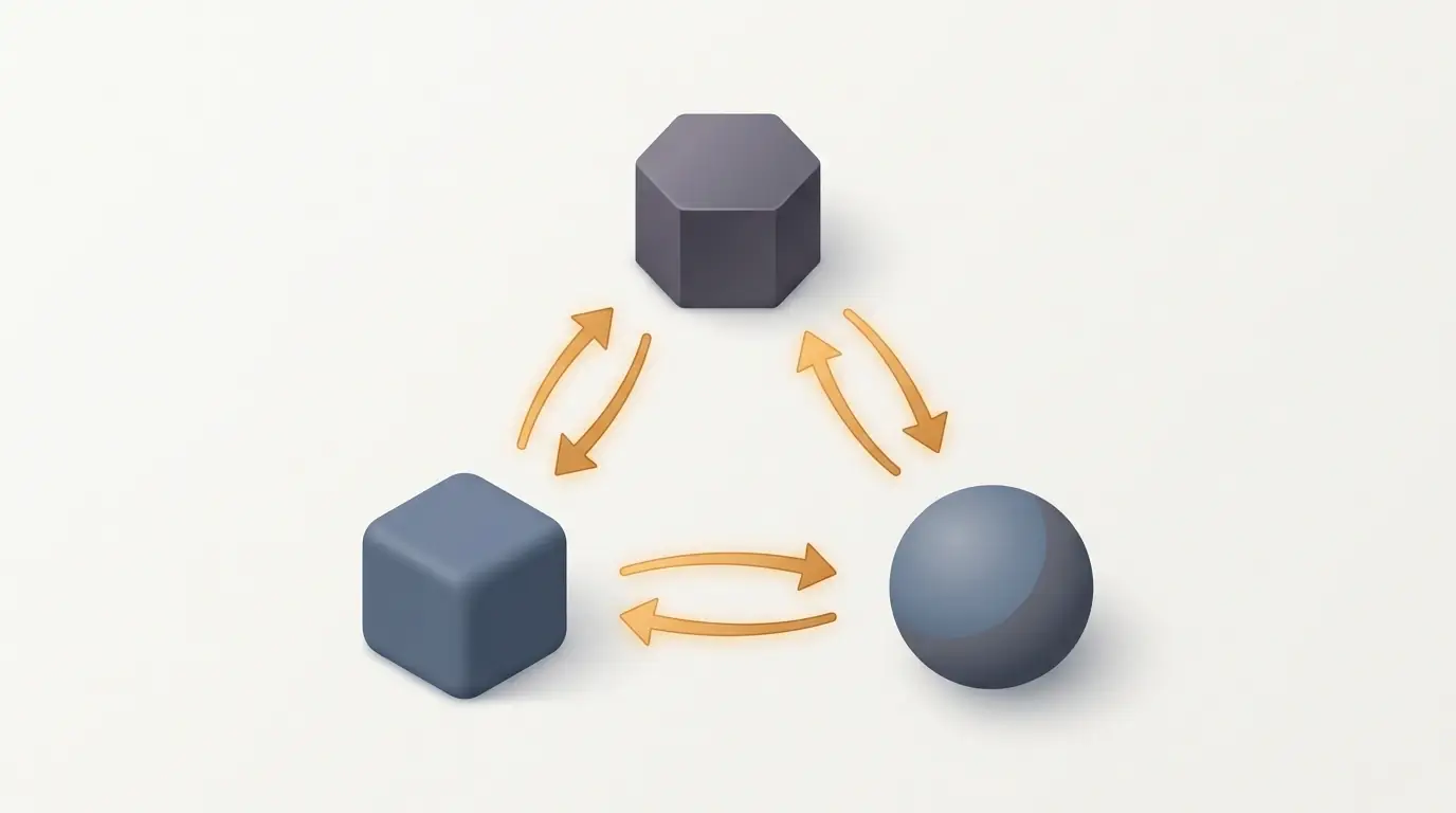 A blue hexagon sends two orange arrows toward two cubes to its right.