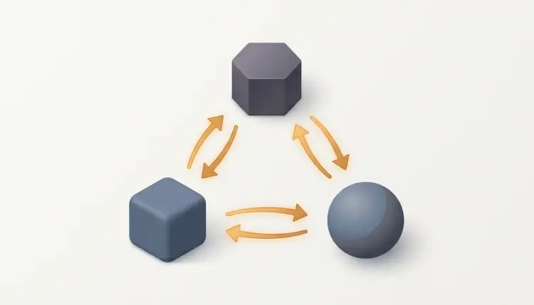A blue hexagon sends two orange arrows toward two cubes to its right.