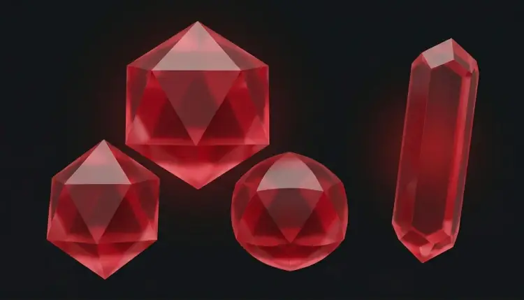 Four ruby crystals on a dark background: three forming a hierarchical triangle, one floating apart.