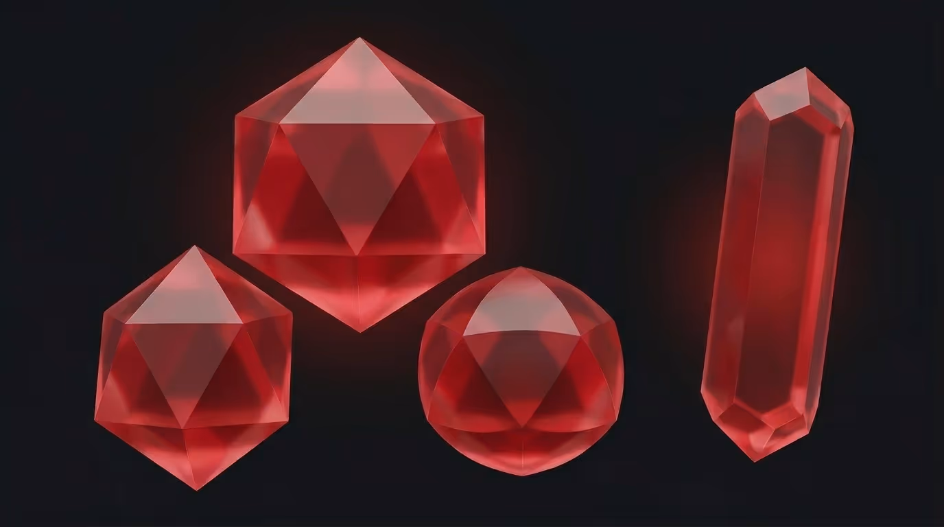 Four ruby crystals on a dark background: three forming a hierarchical triangle, one floating apart.