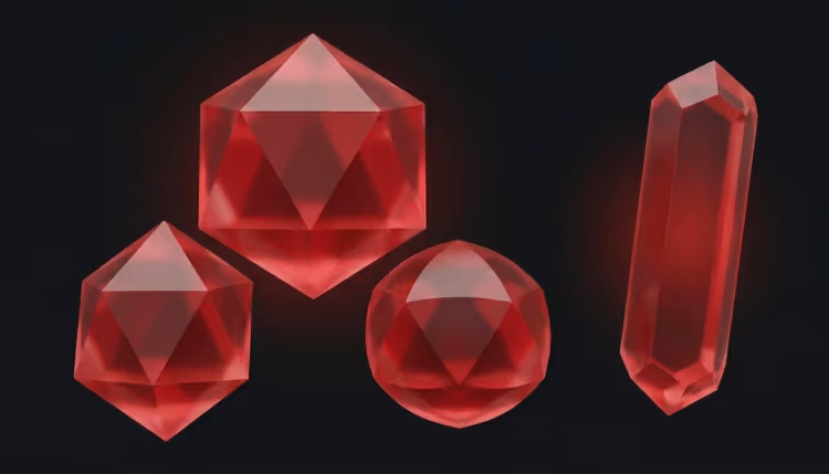 Four ruby crystals on a dark background: three forming a hierarchical triangle, one floating apart.