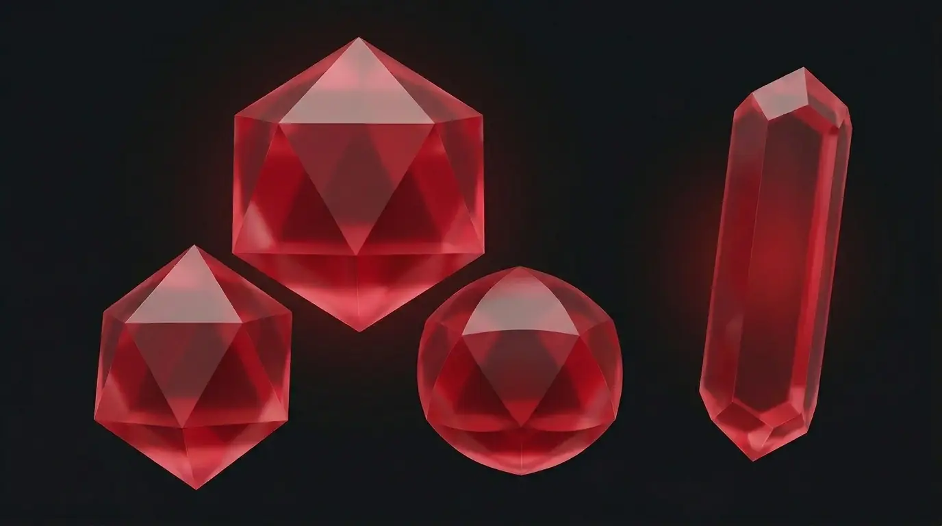 Four ruby crystals on a dark background: three forming a hierarchical triangle, one floating apart.