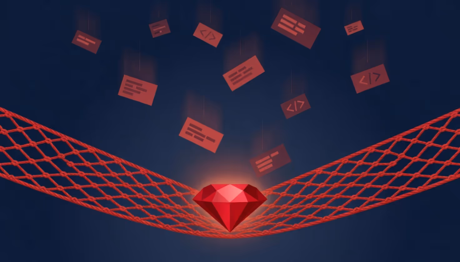 A red safety net catches falling code pieces, with a ruby at the center.