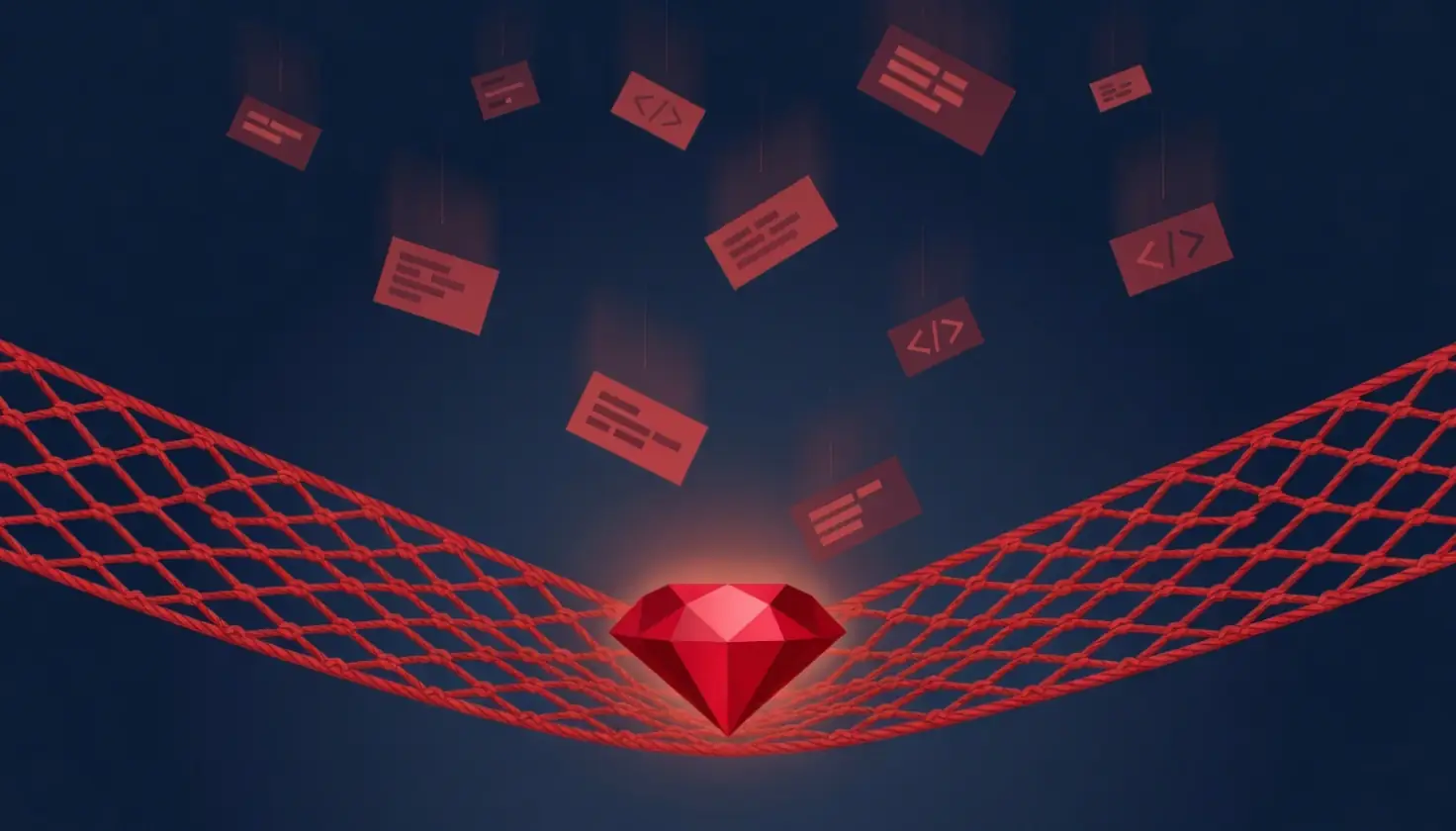 A red safety net catches falling code pieces, with a ruby at the center.