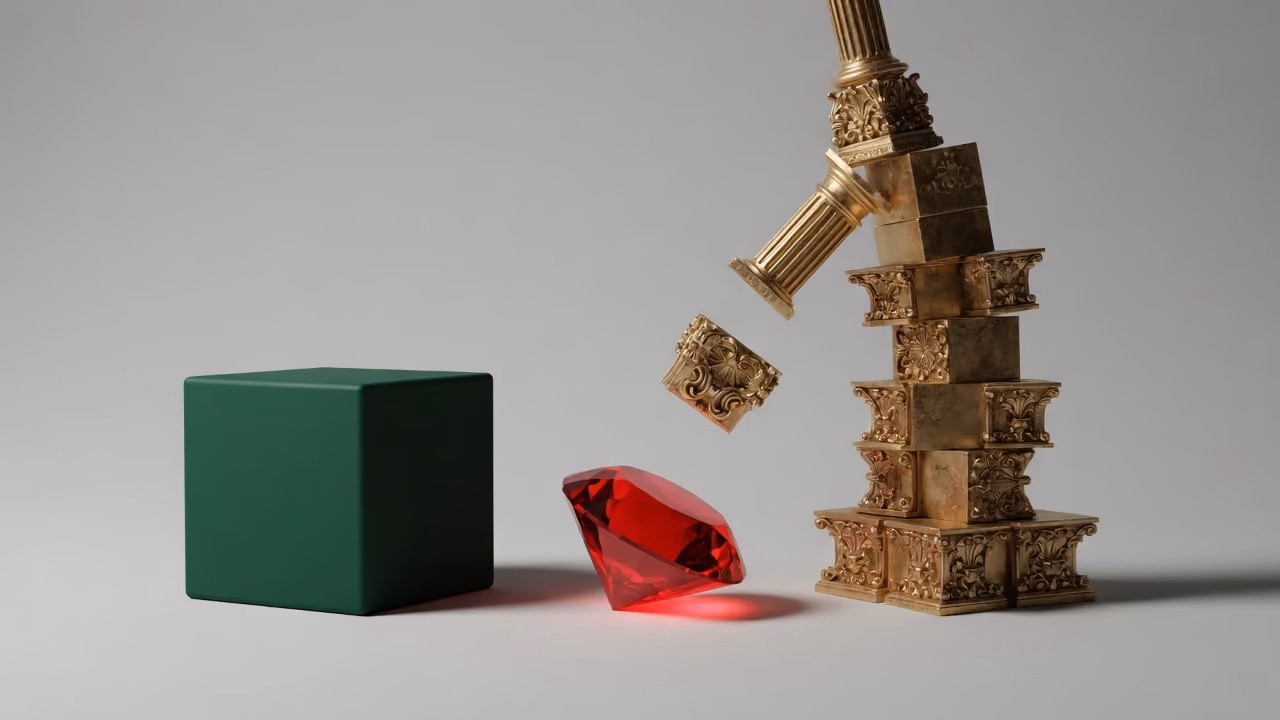 A simple, solid green block next to a teetering tower of ornate blocks about to topple, with a ruby in the center.