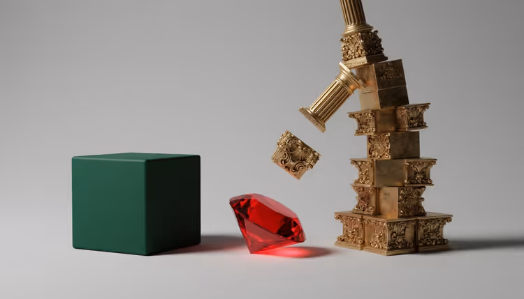 A simple, solid green block next to a teetering tower of ornate blocks about to topple, with a ruby in the center.
