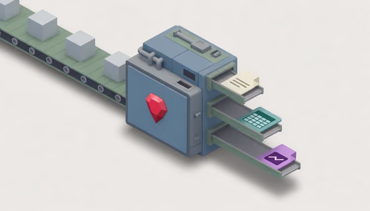 A factory machine turning identical boxes into three different objects, with a ruby emblem.