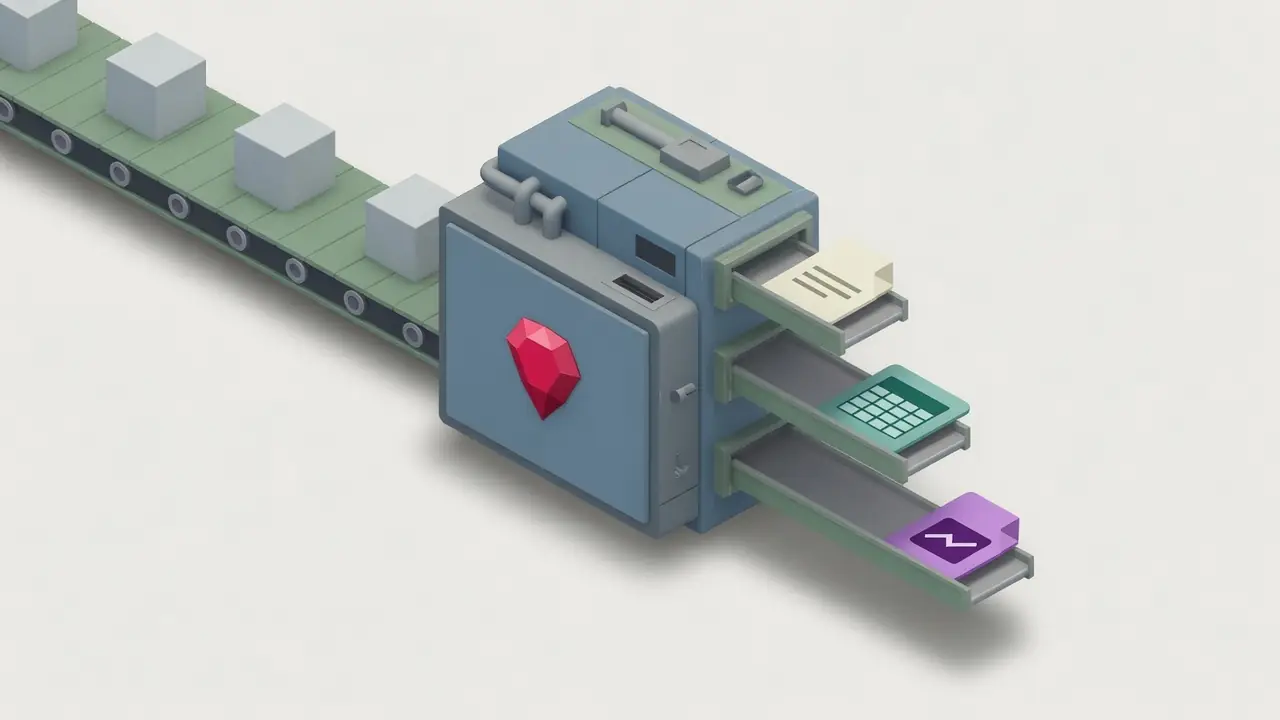 A factory machine turning identical boxes into three different objects, with a ruby emblem.