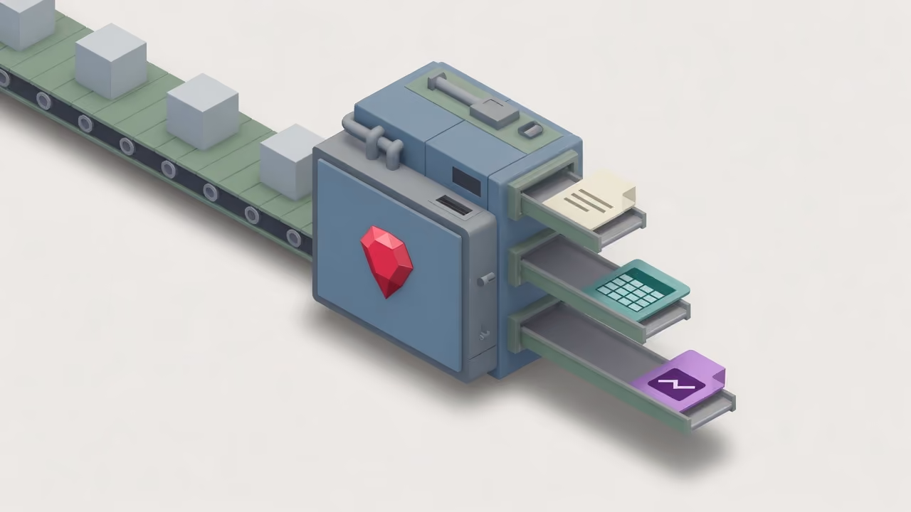 A factory machine turning identical boxes into three different objects, with a ruby emblem.
