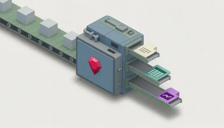 A factory machine turning identical boxes into three different objects, with a ruby emblem.