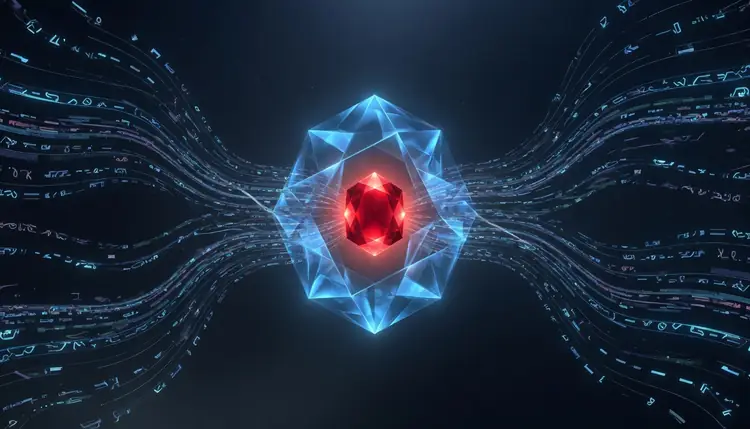 Many scattered, slightly different streams of code converging step by step into a single crystalline block, with a ruby in the center.