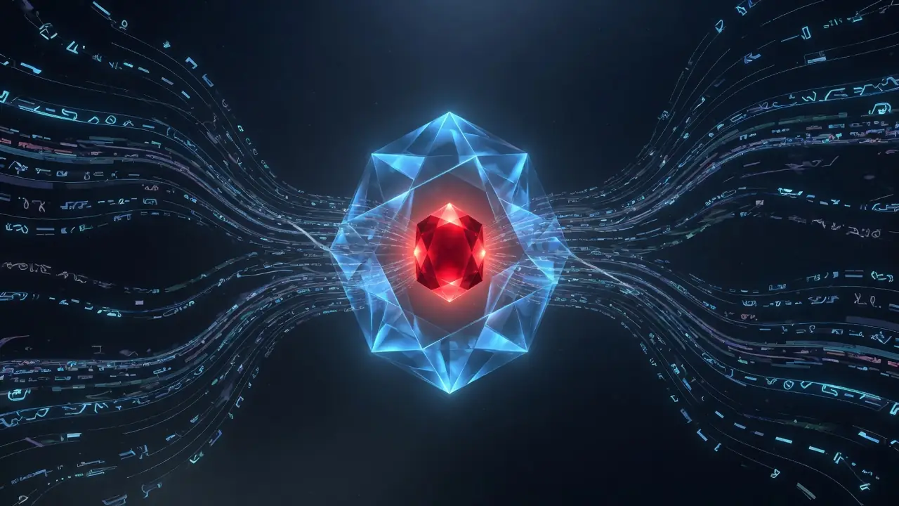Many scattered, slightly different streams of code converging step by step into a single crystalline block, with a ruby in the center.