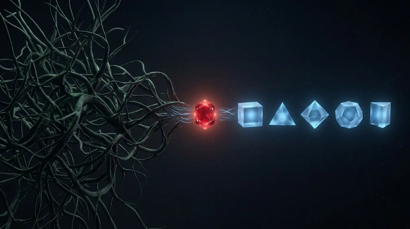 A tangled tree of branching paths resolving into a neat row of separate, self-contained blocks, with a ruby in the center.