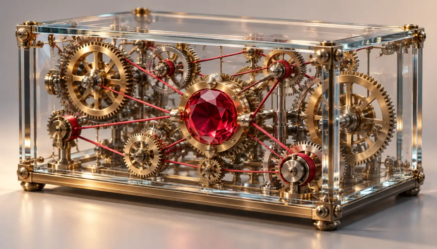 A glass box containing gears connected by threads that were once hidden and are now clearly visible, with a ruby at the center.